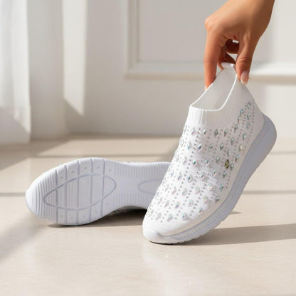 Rhinestone Sneakers for Women, Embellished Knit Slip On Shoes, White Sparkle Casual Sneakers