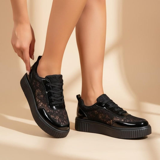 Black Lace Platform Sneakers, Women's Chunky Shoes, Lace Up Fashion Trainers