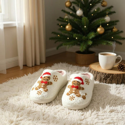 Gingerbread Slippers, Christmas House Shoes, Fuzzy Holiday Slippers