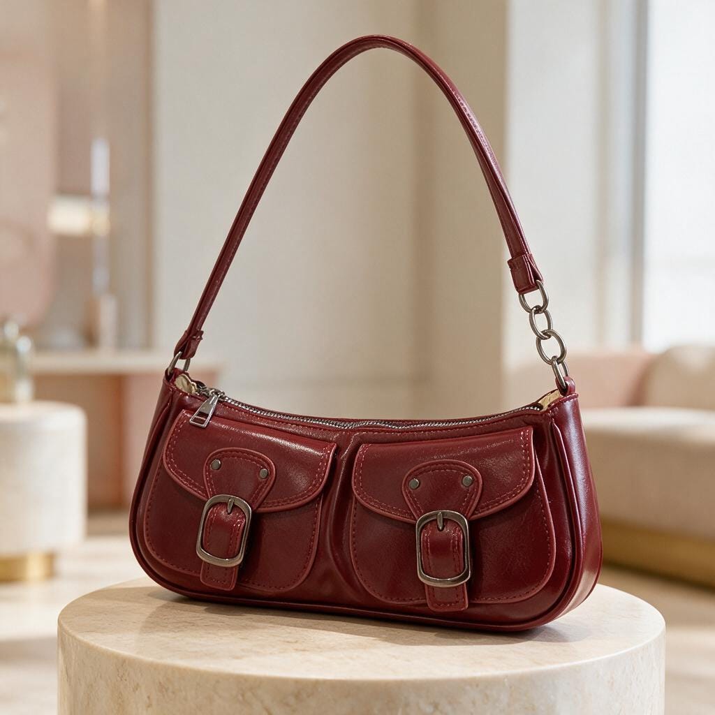 Burgundy Buckle Shoulder Bag, Y2K Mini Purse, Double Pocket Handbag, Retro 90s Bag
