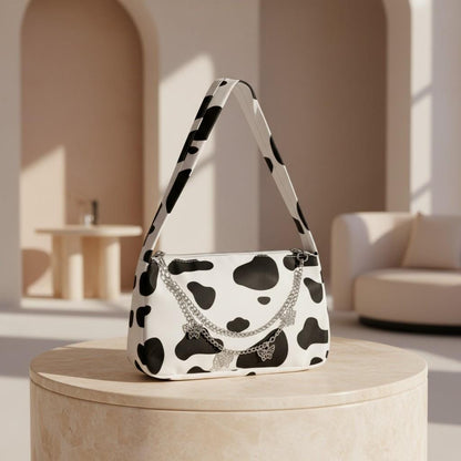 Cow Print Shoulder Bag, Black White Purse, Y2K Cow Pattern Handbag, Butterfly Chain Bag, Cute Animal Print Bag