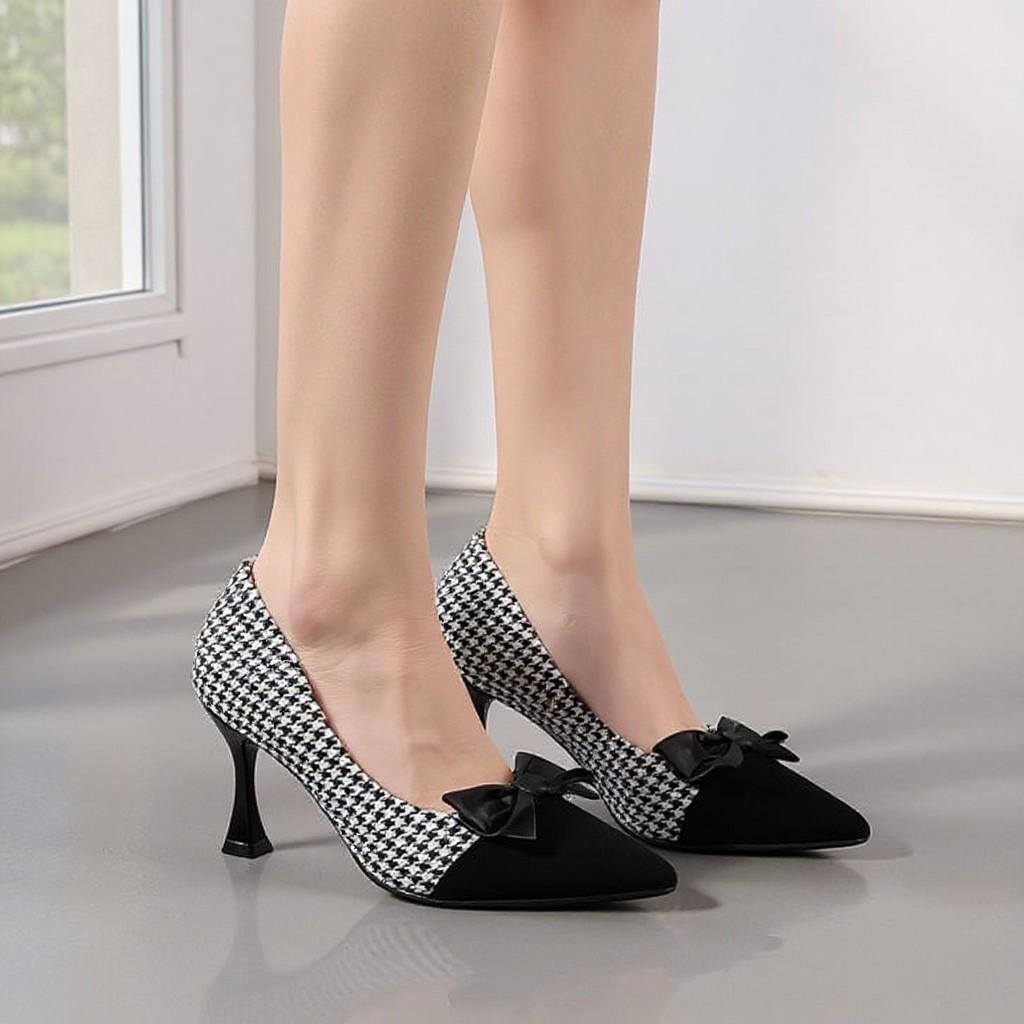 Houndstooth Bow Pumps, Black White Pointed Toe Heels, Stiletto Shoes
