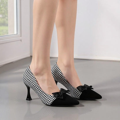 Houndstooth Bow Pumps, Black White Pointed Toe Heels, Stiletto Shoes