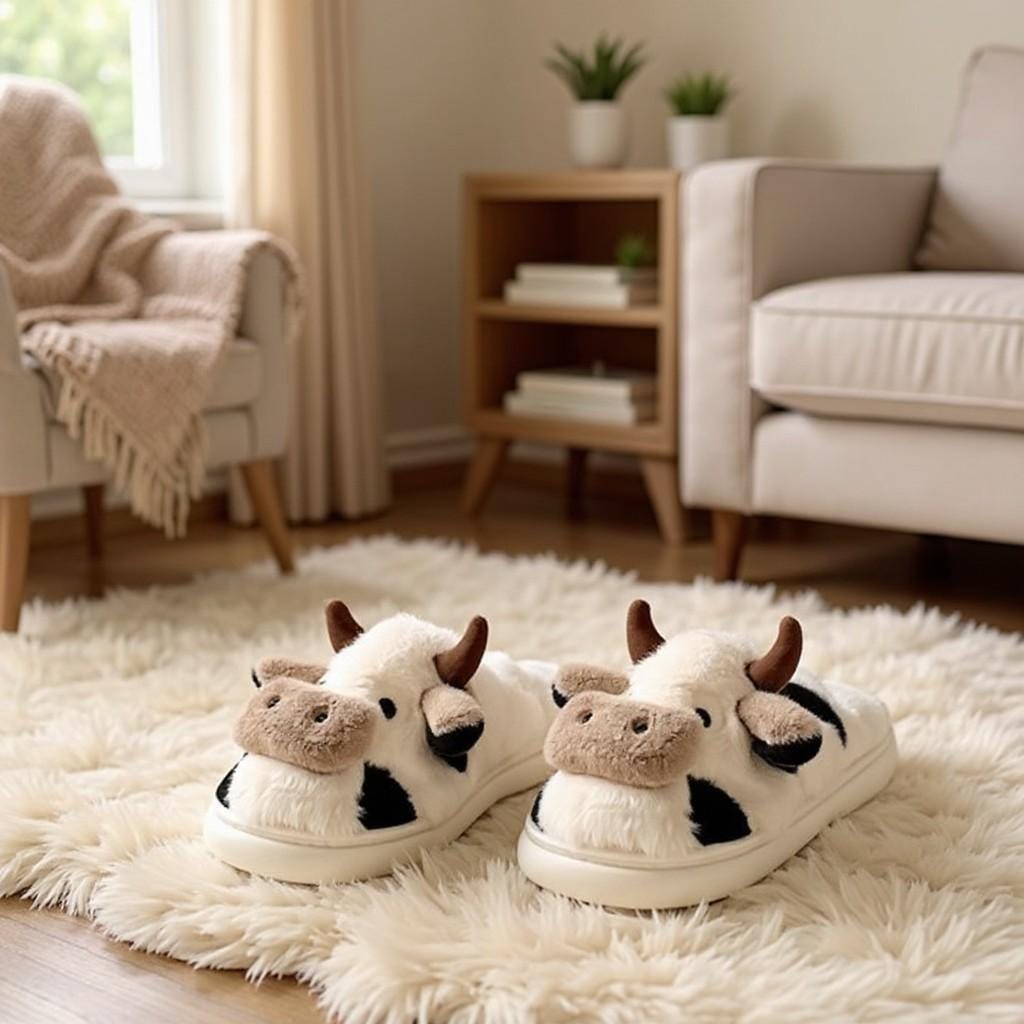 Cow Slippers, Cute Fuzzy House Shoes, Plush Animal Slides, Cozy Indoor Footwear