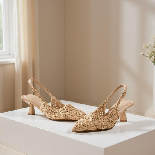 Beige Woven Slingback Heels, Pointed Toe Pumps, Embroidered Textured Dress Shoes