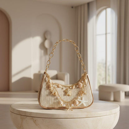 Seashell Shoulder Bag, Coastal Crochet Purse for Women, Beach Bag with Starfish Charms, Summer Handbag