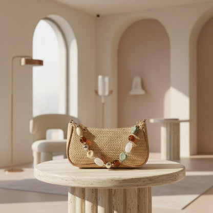 Woven Shoulder Bag, Beaded Crossbody Purse, Boho Straw Bag, Natural Woven Handbag, Beaded Summer Bag, Small Shoulder Purse
