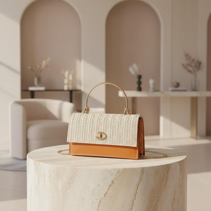 Cream Woven Shoulder Bag, Brown Colorblock Handbag, Textured Flap Purse, Chain Strap Bag, Elegant Top Handle Bag