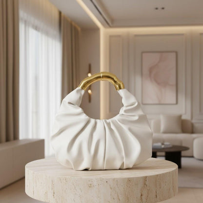 White Ruched Hobo Bag, Top Handle Handbag, Slouchy Shoulder Purse, Ivory Gathered Bag, Elegant Women's Handbag