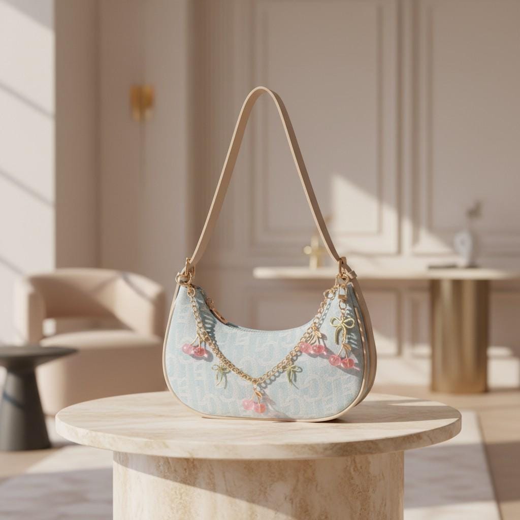 Blue Denim Shoulder Bag, Cherry Charm Purse, Y2K Baguette Handbag, Cute Mini Summer Bag