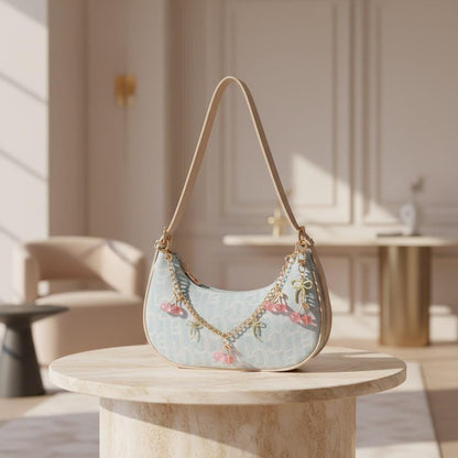 Blue Denim Shoulder Bag, Cherry Charm Purse, Y2K Baguette Handbag, Cute Mini Summer Bag