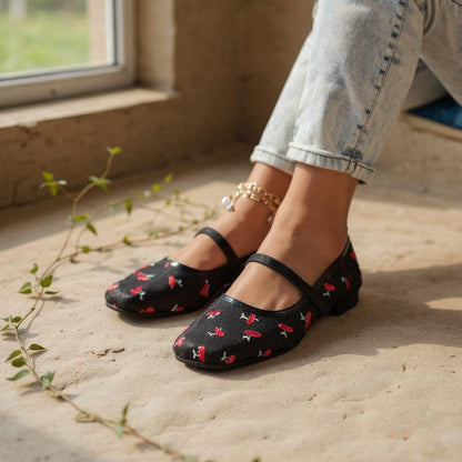 Black Cherry Mary Jane Flats, Floral T Strap Ballet Shoes, Vintage Cherry Print Shoes