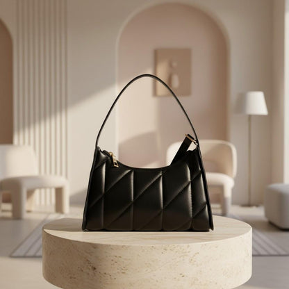 Black Quilted Shoulder Bag, Geometric Padded Purse, Y2K Handbag, Structured Black Baguette Bag, Minimalist Women's Bag