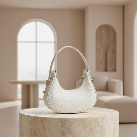 White Crescent Shoulder Bag, Textured Hobo Purse, Gold Hardware Handbag, Minimalist Half Moon Bag, Everyday Underarm Purse