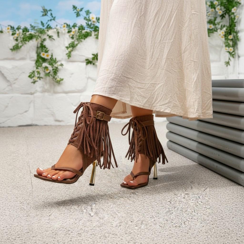 Brown Fringe High Heel Sandals, Boho Ankle Strap Heels, Open Toe Stiletto Sandals, Women's Statement Party Shoes