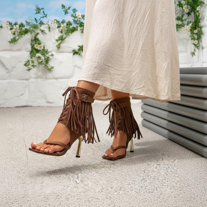 Brown Fringe High Heel Sandals, Boho Ankle Strap Heels, Open Toe Stiletto Sandals, Women's Statement Party Shoes
