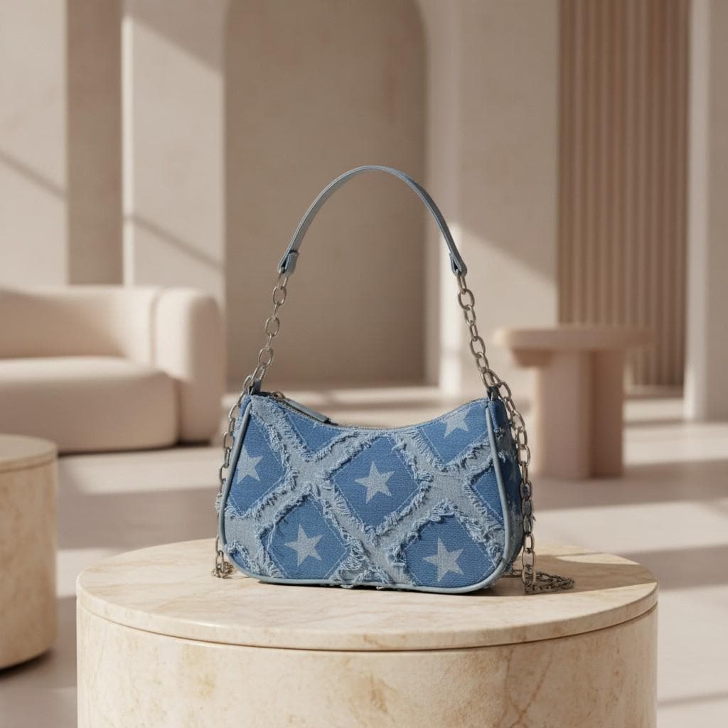 Blue Denim Star Shoulder Bag, Distressed Baguette Purse, Y2K Chain Handbag, Frayed Jean Bag, Women's Small Shoulder Bag