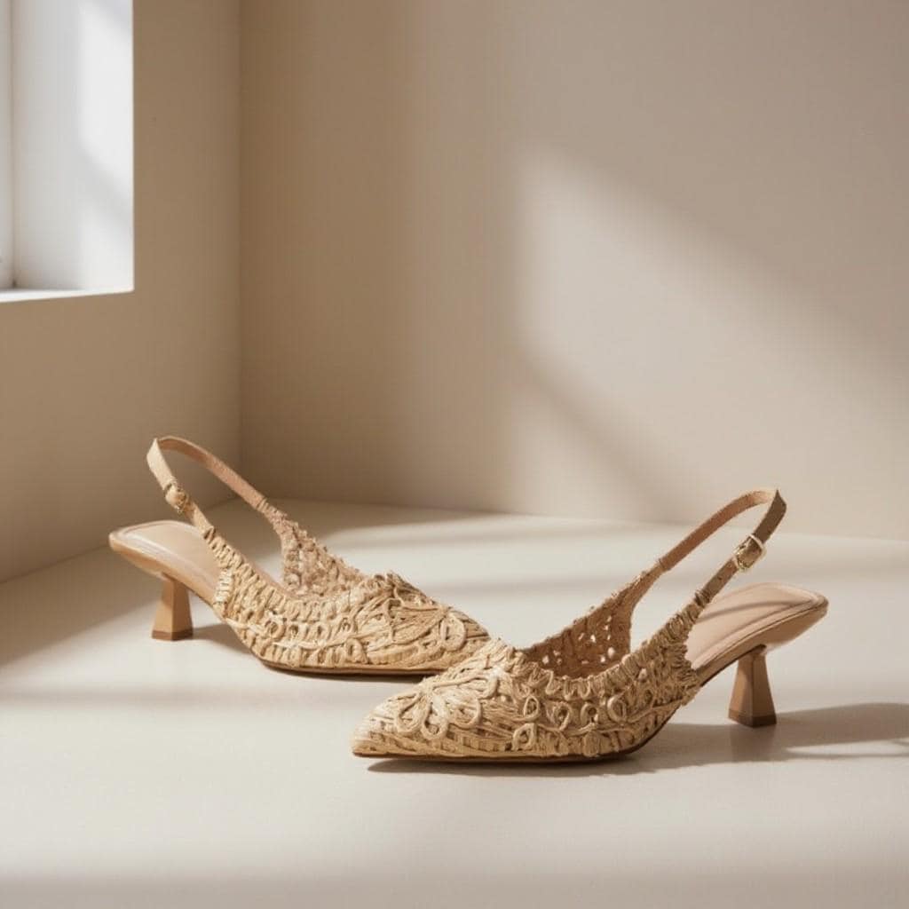 Beige Woven Slingback Heels, Pointed Toe Pumps, Embroidered Textured Dress Shoes