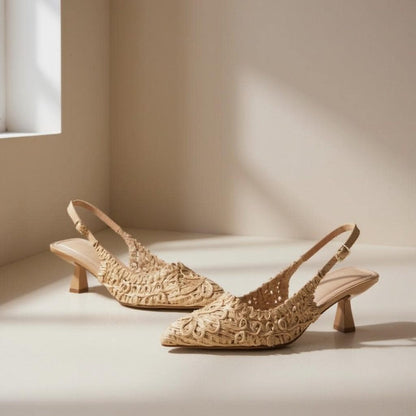 Beige Woven Slingback Heels, Pointed Toe Pumps, Embroidered Textured Dress Shoes