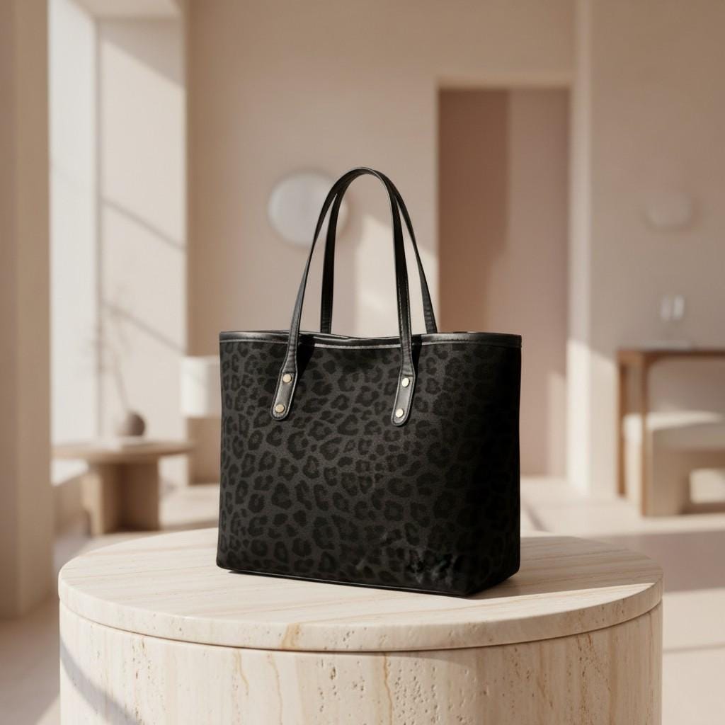 Leopard Print Tote Bag, Black Animal Print Handbag, Leopard Shoulder Bag, Large Everyday Tote, Matching Pouch, Women's Purse