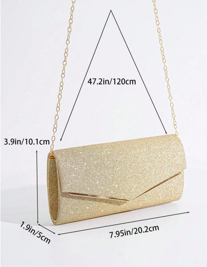 Gold Glitter Clutch Bag, Champagne Gold Envelope Purse, Chain Strap Evening Bag, Wedding Guest Clutch, Elegant Party Handbag