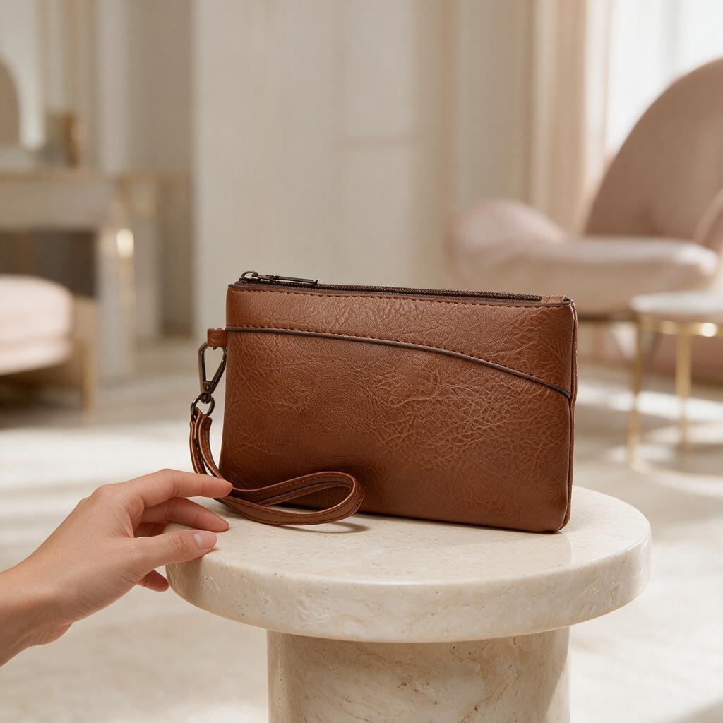 Brown Wristlet Clutch Bag, Leather Look Pouch Purse, Casual Brown Handbag, Zip Wristlet, Minimalist Everyday Clutch