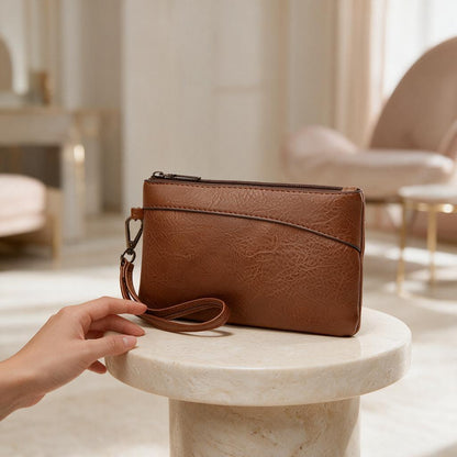 Brown Wristlet Clutch Bag, Leather Look Pouch Purse, Casual Brown Handbag, Zip Wristlet, Minimalist Everyday Clutch