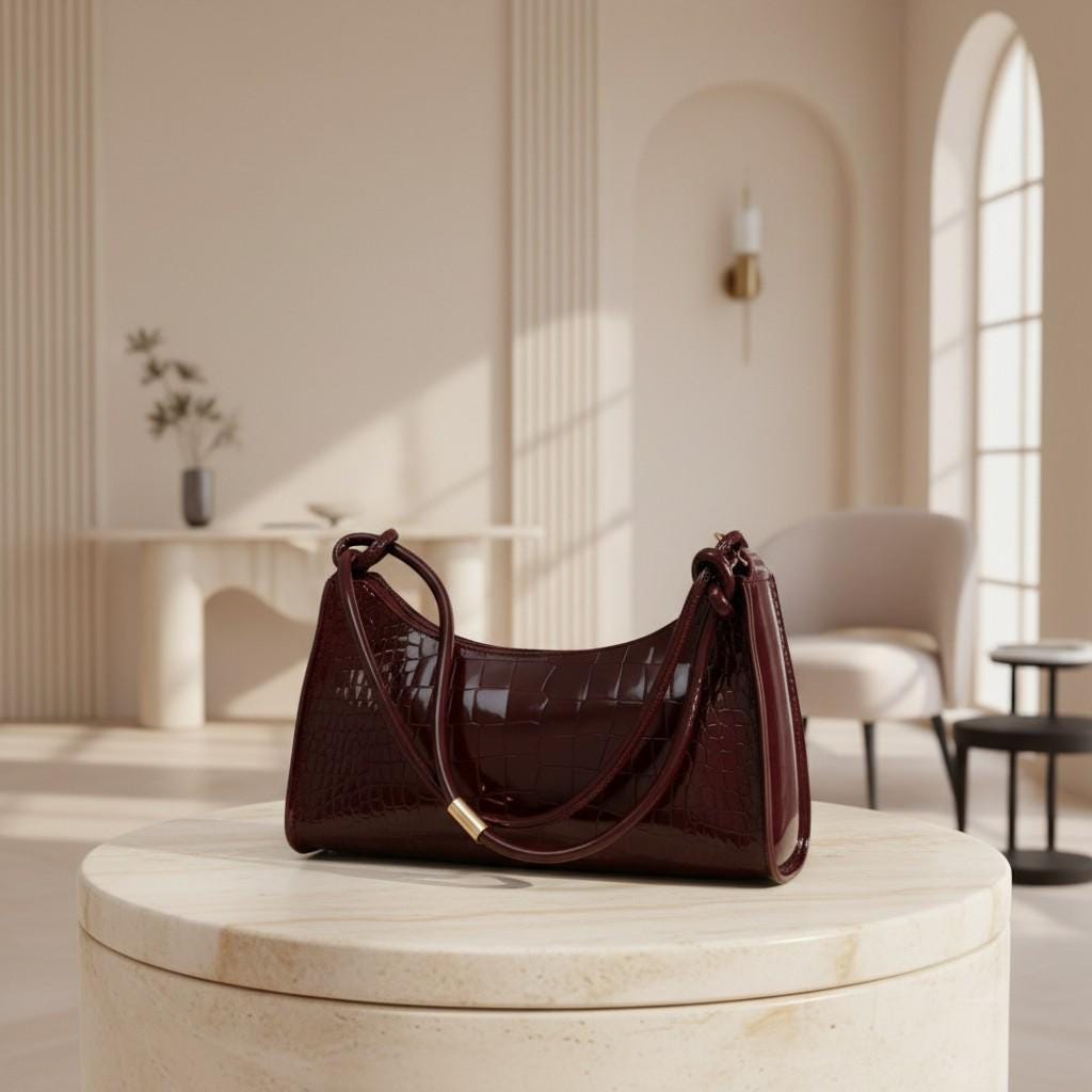 Burgundy Croc Shoulder Bag, Glossy Hobo Purse for Women, Small Baguette Handbag, Trendy Evening Bag