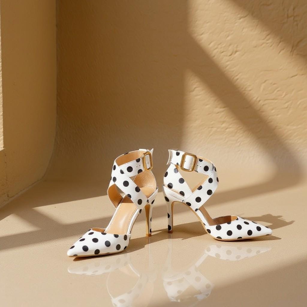 White Polka Dot Heels, Ankle Strap Pumps, Pointed Toe Stiletto Shoes