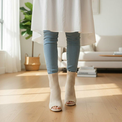 Ivory Mesh Peep Toe Booties, Open Toe High Heel Ankle Boots, White Stiletto Heels, Women's Summer Shoes