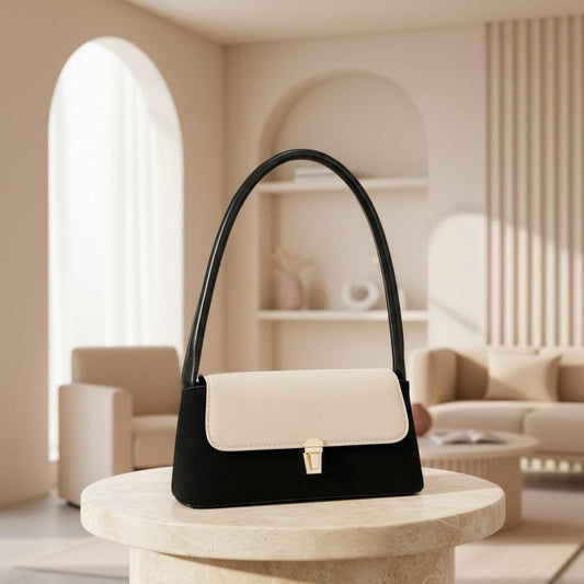 Black Baguette Bag, Two Tone Shoulder Purse, Women's Flap Handbag, Minimalist Top Handle Bag, Black Cream Purse