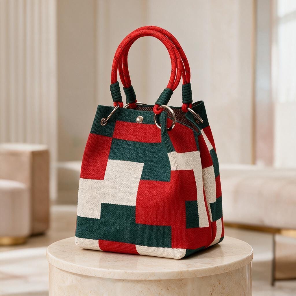 Geometric Woven Bag, Color Block Bucket Bag, Red Green Handbag, Woven Shoulder Purse, Colorful Summer Bag