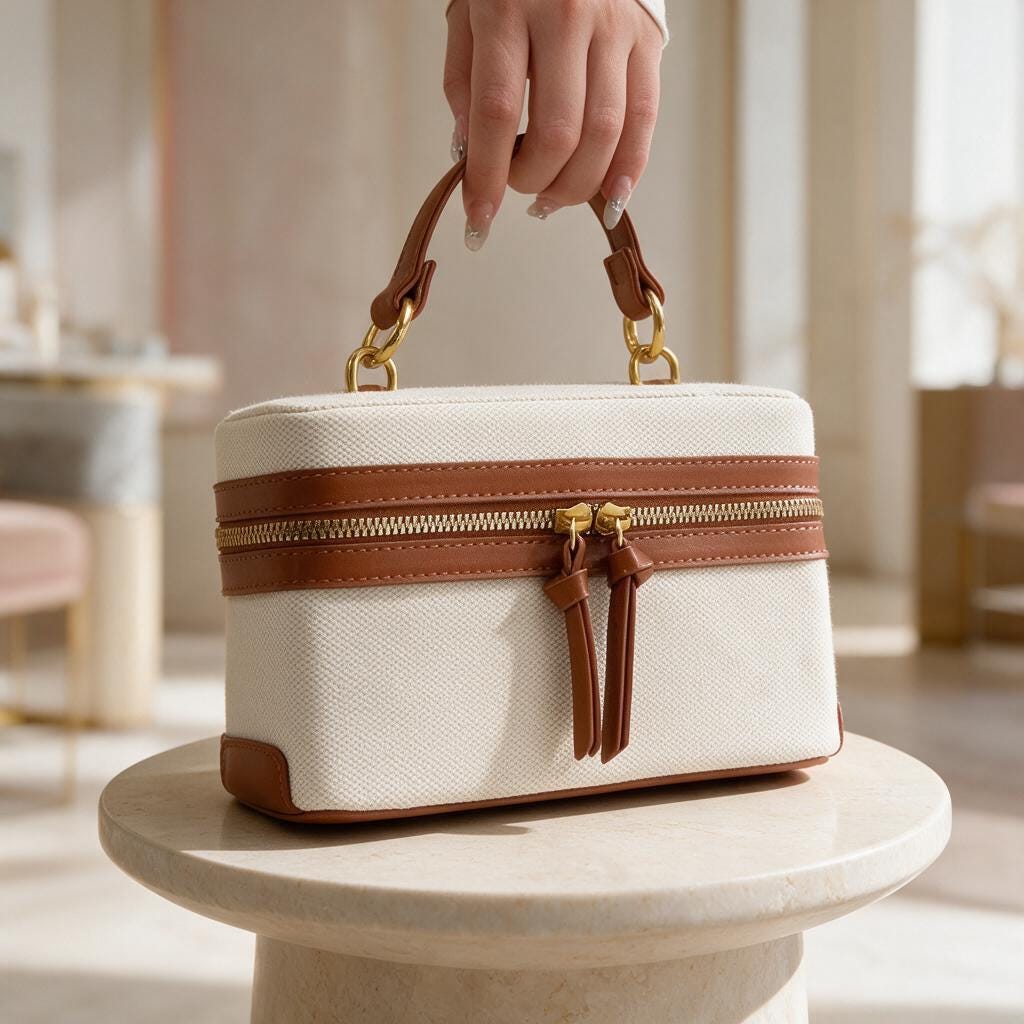 Cream Top Handle Bag, Brown Trim Handbag, Ivory Structured Purse, Zipper Shoulder Bag, Neutral Everyday Handbag