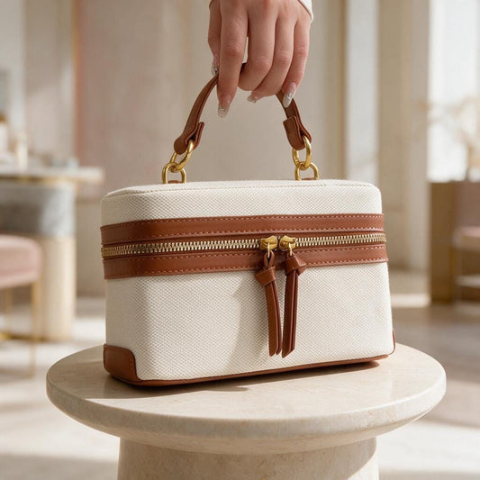 Cream Top Handle Bag, Brown Trim Handbag, Ivory Structured Purse, Zipper Shoulder Bag, Neutral Everyday Handbag