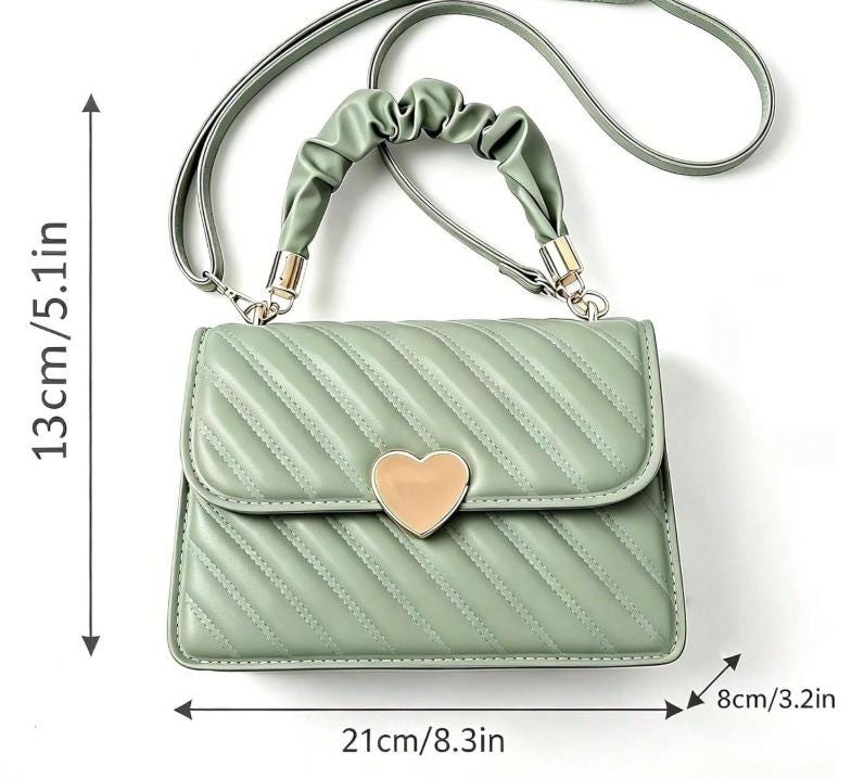 Sage Green Quilted Crossbody Bag, Women's Shoulder Purse, Heart Clasp Flap Bag, Small Everyday Handbag