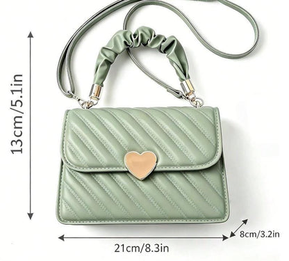 Sage Green Quilted Crossbody Bag, Women's Shoulder Purse, Heart Clasp Flap Bag, Small Everyday Handbag