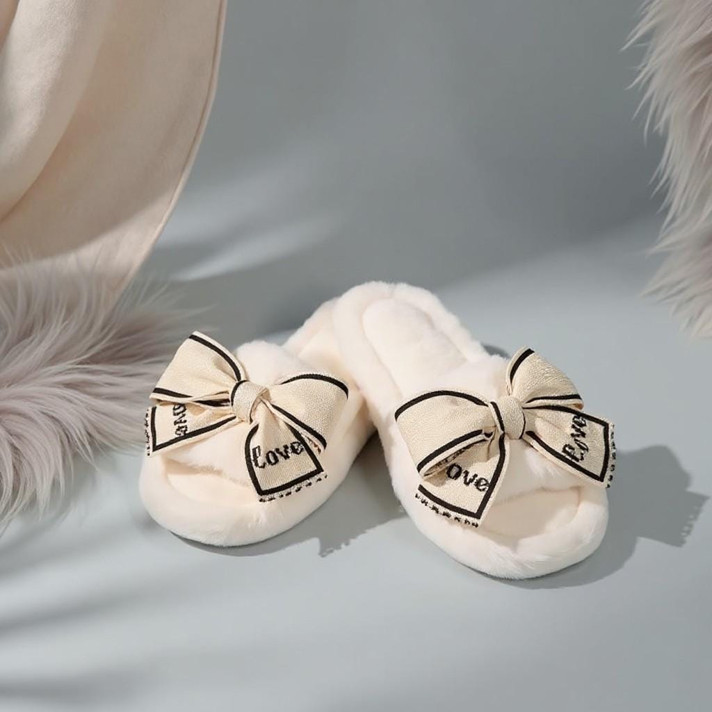 Bow Slippers, Fluffy White House Slides, Coquette Cozy Slippers