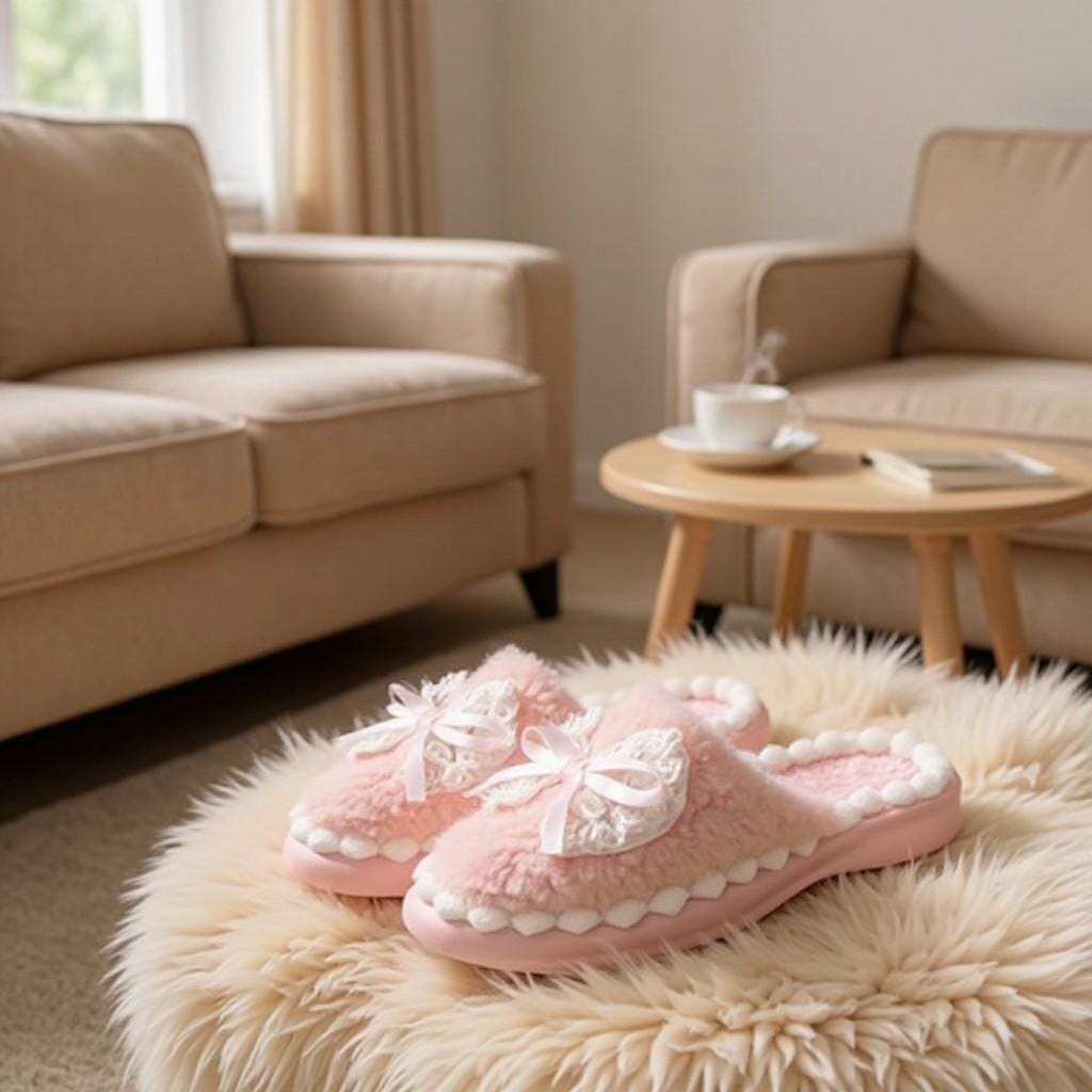 Pink Bow Slippers, Fuzzy Plush House Shoes, Cute Coquette Indoor Slippers