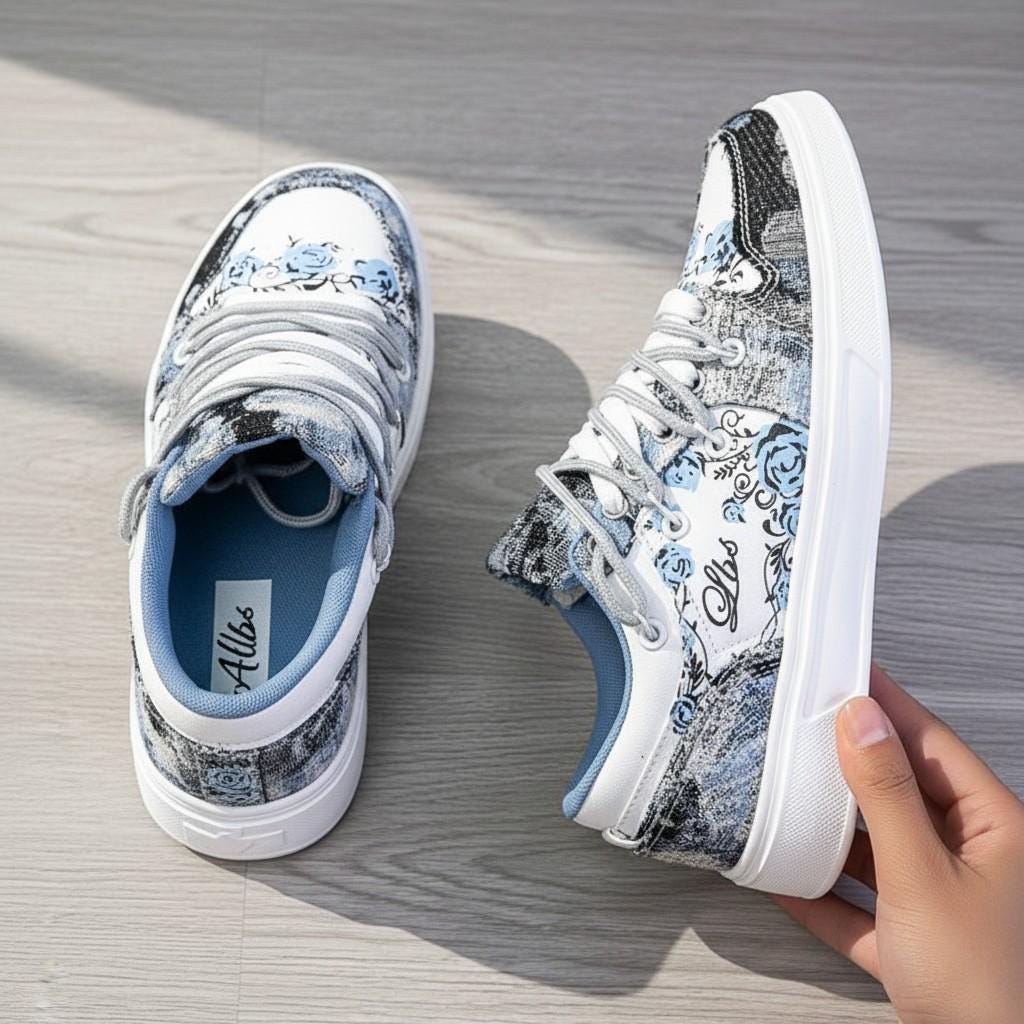 Blue Floral Sneakers, Women's Vintage Low Top Shoes, Lace Up