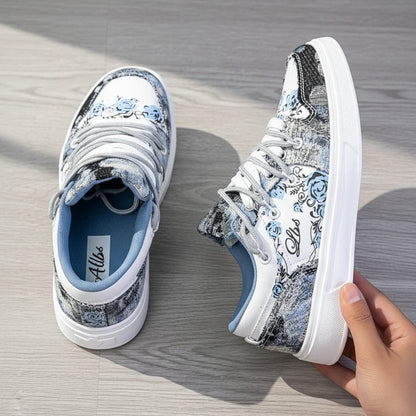 Blue Floral Sneakers, Women's Vintage Low Top Shoes, Lace Up
