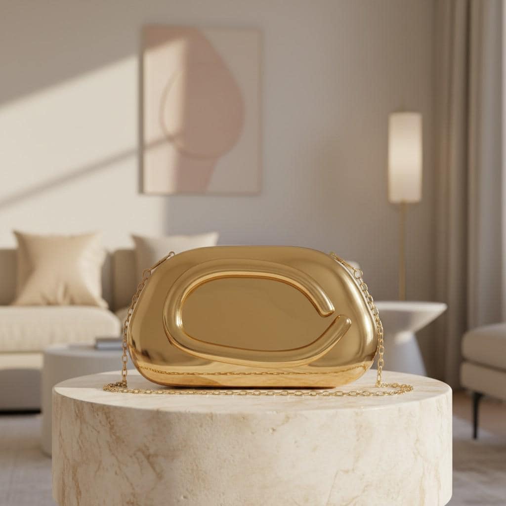 Metallic Gold Clutch Bag, Ring Handle Evening Purse, Gold Chain Shoulder Bag, Wedding Guest Clutch, Statement Party Bag
