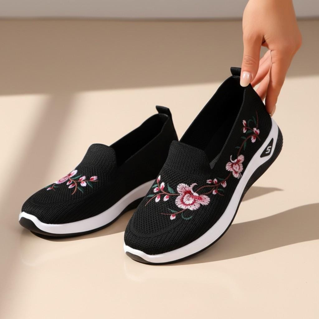 Black Floral Slip On Sneakers, Women's Embroidered Walking Shoes