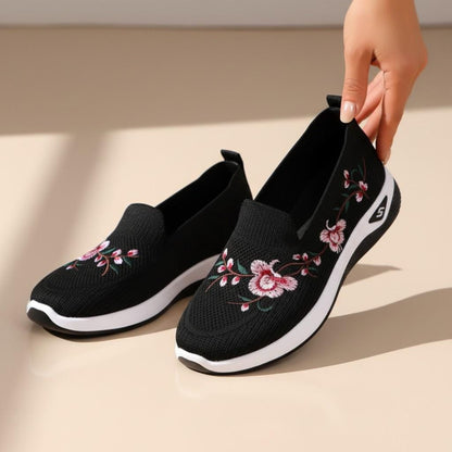Black Floral Slip On Sneakers, Women's Embroidered Walking Shoes