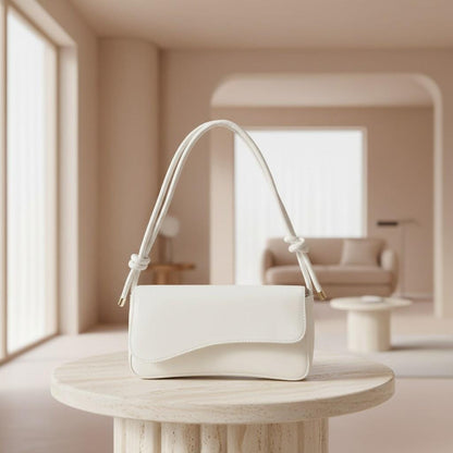 White Flap Shoulder Bag, Minimalist Handbag, Knotted Strap Purse, Small Underarm Bag, Elegant Everyday Bag