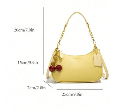 Yellow Baguette Shoulder Bag, Cherry Charm Purse, Small Y2K Handbag, Cute Summer Crossbody Bag