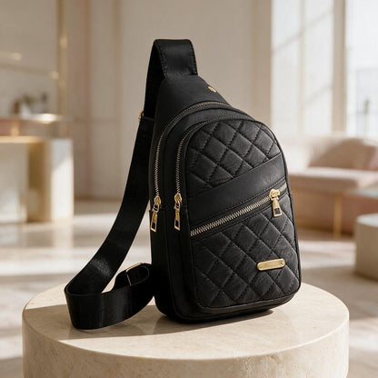 Black Quilted Sling Bag, Women's Crossbody Backpack, Padded Chest Bag, Small Travel Backpack, Multi Pocket Everyday Bag