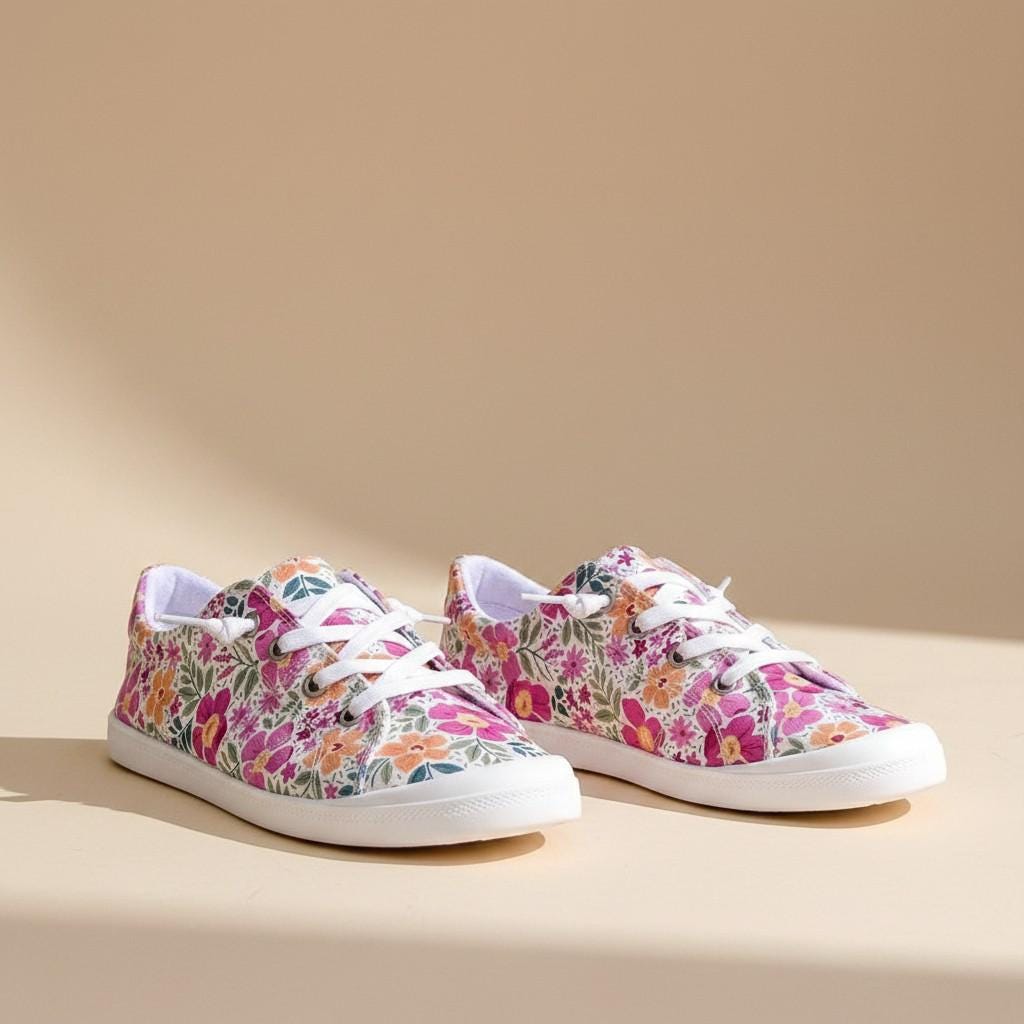 Floral Sneakers for Women, Colorful Flower Print Low Top Shoes, Women's Canvas Walking Sneakers, Cute Summer Shoes, Garden Style Footwear