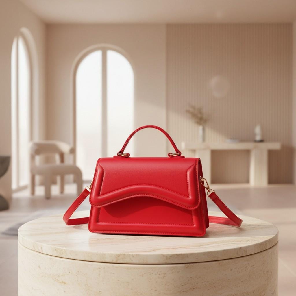 Red Structured Handbag, Women's Shoulder Bag, Top Handle Crossbody Purse, Curved Flap Bag, Red Everyday Bag