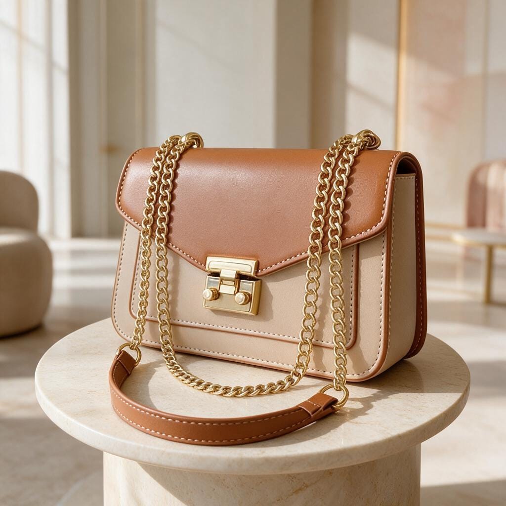 Two Tone Brown Beige Shoulder Bag, Structured Flap Purse, Gold Chain Crossbody Handbag, Neutral Colorblock Bag, Elegant Everyday Purse