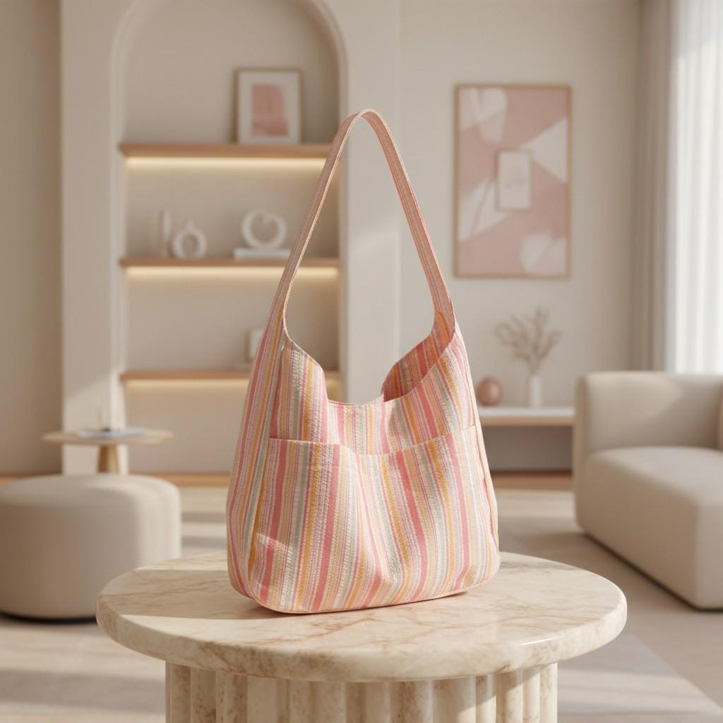 Pink Striped Shoulder Bag, Pastel Tote Purse for Women, Colorful Everyday Handbag, Casual Summer Bag
